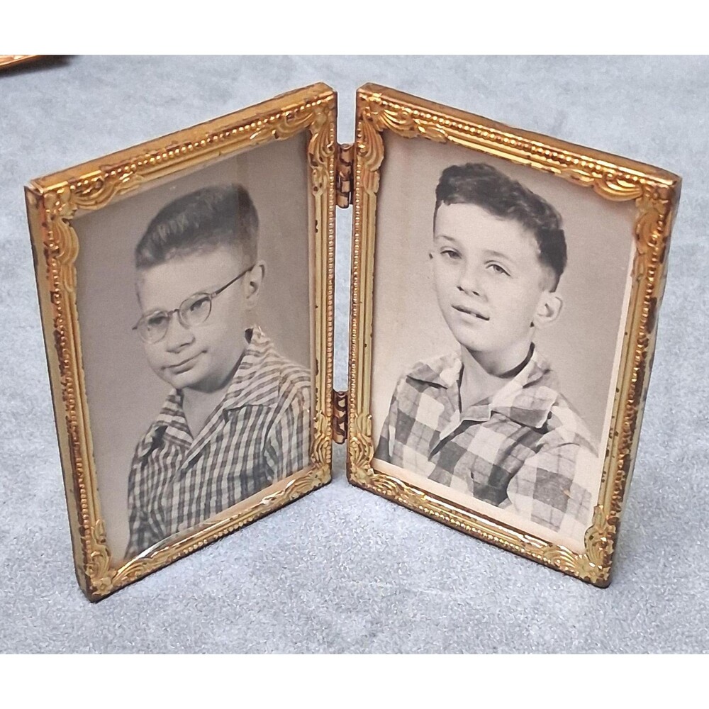 Vintage 1950s Gold Tone Hinged Double Photo Frame Ornate Folding Picture Frame